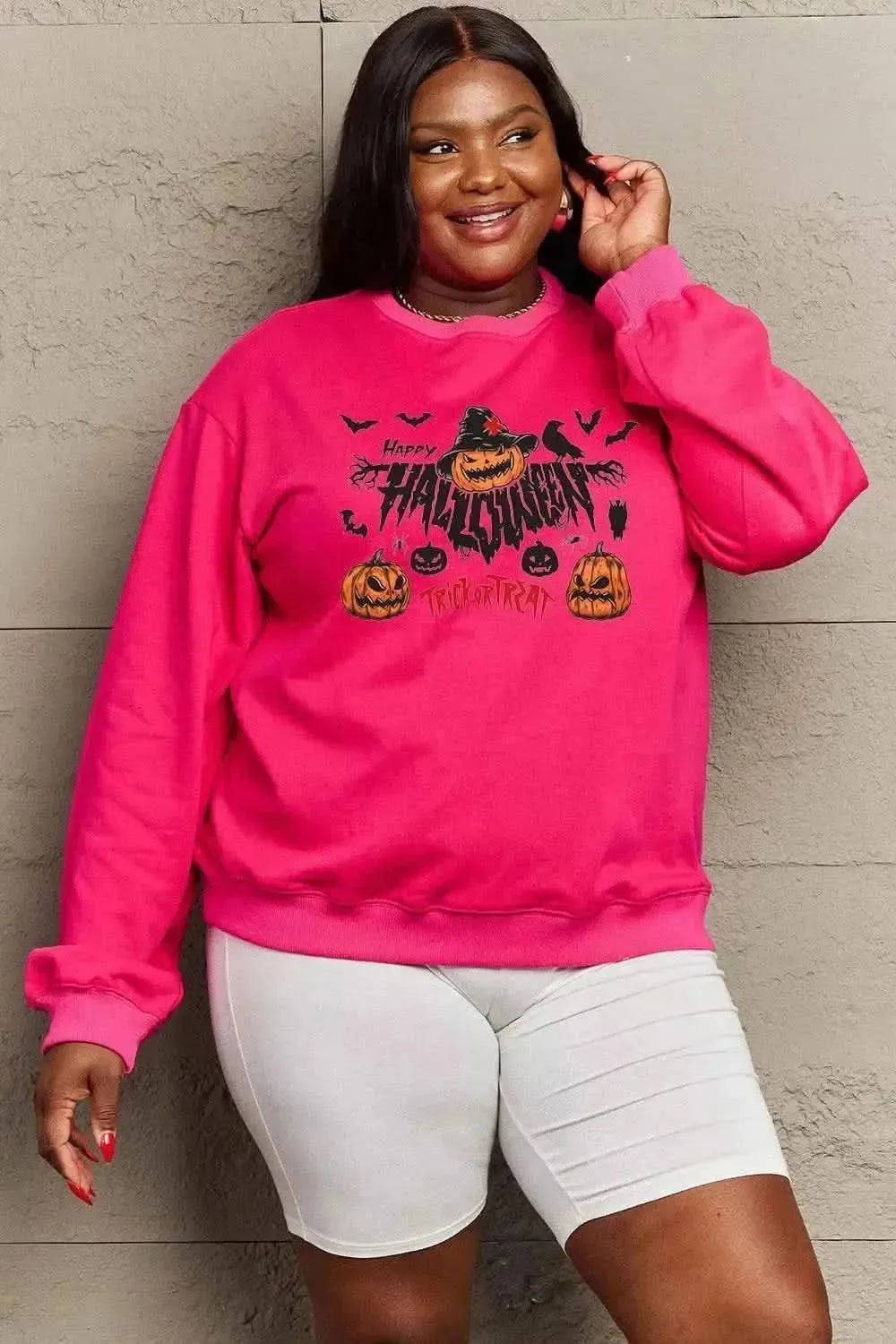 Simply Love Full Size HAPPY HALLOWEEN TRICK OR TREAT Graphic Sweatshirt - Bad Moms Club