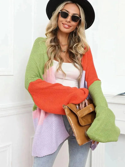 Color Block Open Front Balloon Sleeve Longline Cardigan - Bad Moms Club