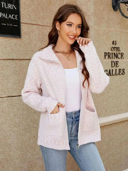 Zip-Up Collared Cardigan with Pockets - Bad Moms Club