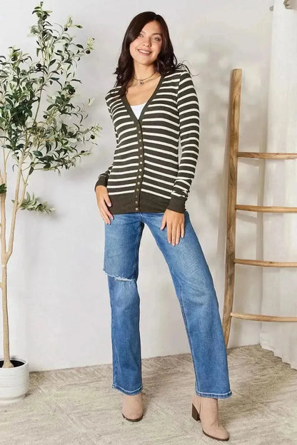 Zenana Full Size Striped Snap Down Cardigan - Bad Moms Club