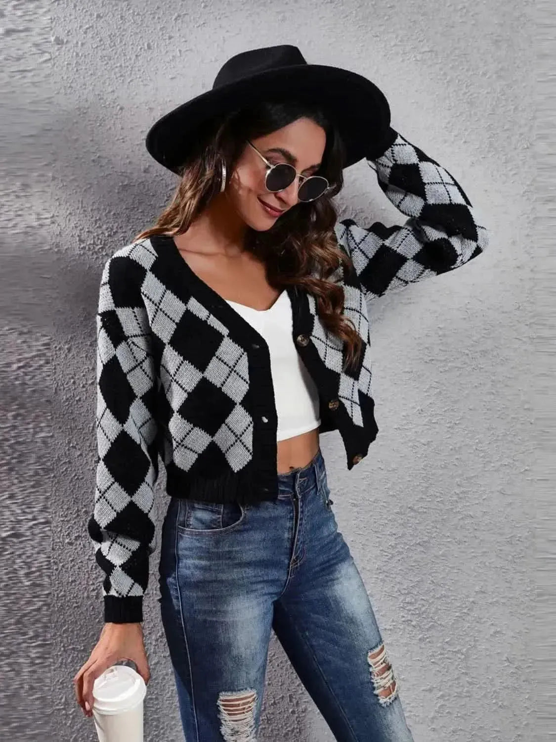 Geometric Button Up Long Sleeve Cardigan - Bad Moms Club