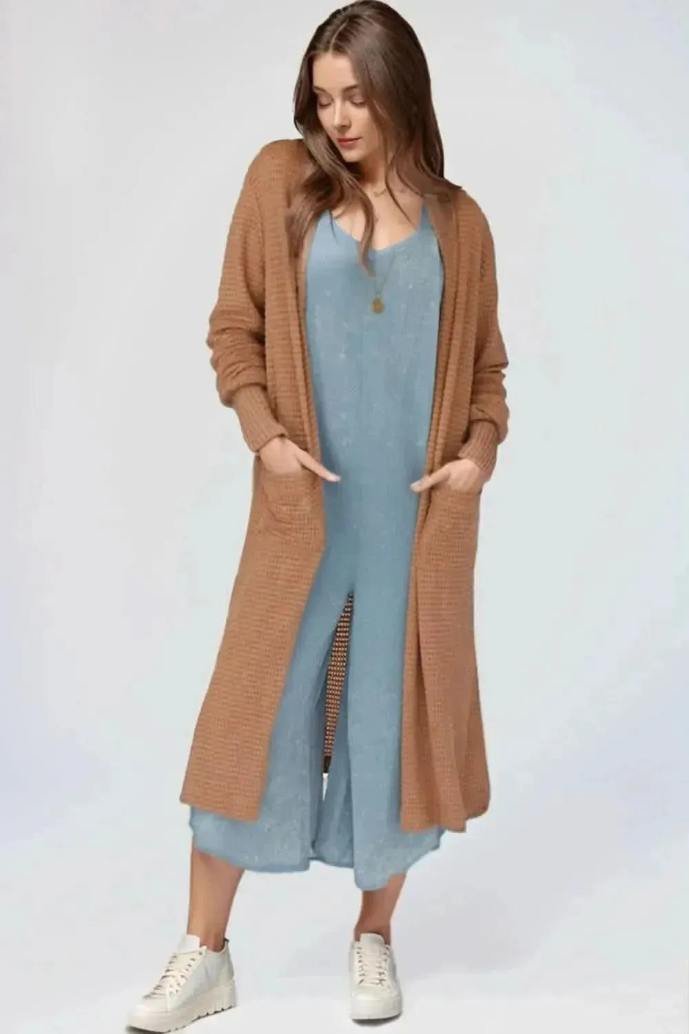 Open Front Long Sleeve Longline Slit Cardigan - Bad Moms Club