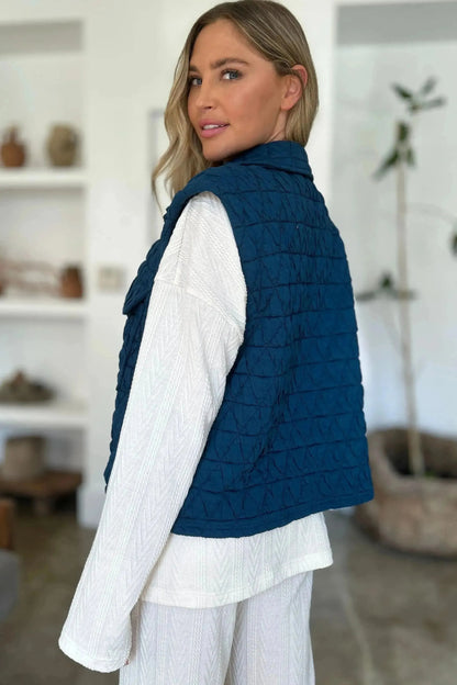 Double Take Full Size Pocketed Texture Snap Down Vest Coat - Bad Moms Club
