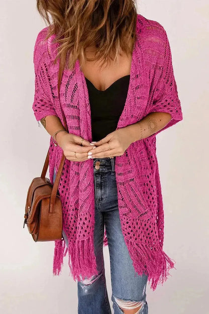 Openwork Open Front Cardigan with Fringes - Bad Moms Club