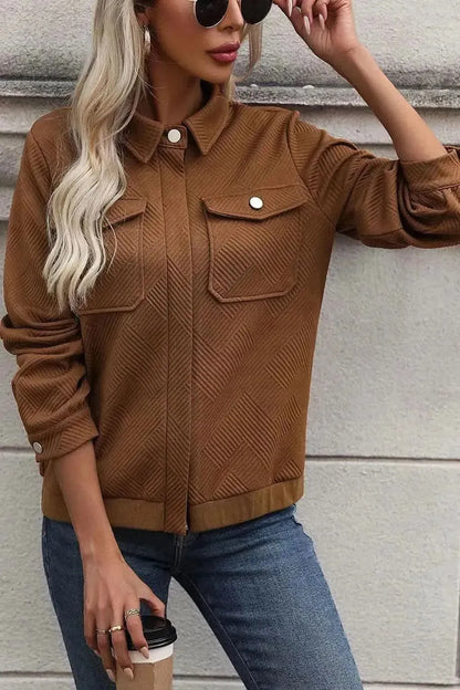 Textured Zip Up Collared Neck Jacket - Bad Moms Club