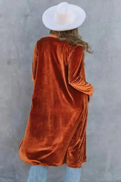 Collared Neck Longline Velvet Cardigan with Pockets - Bad Moms Club
