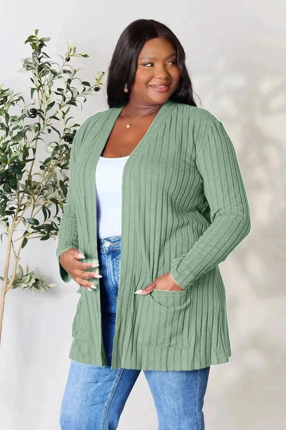 Basic Bae Full Size Ribbed Open Front Cardigan with Pockets - Bad Moms Club