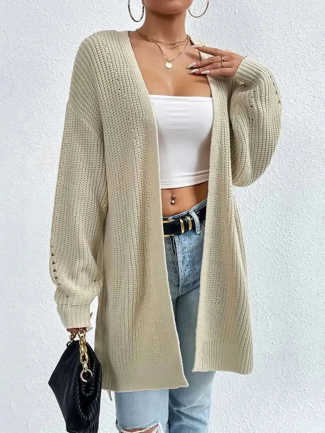Open Front Dropped Shoulder Slit Cardigan - Bad Moms Club