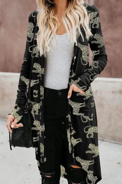 Animal Pattern Ribbed Button Up Long Sleeve Cardigan - Bad Moms Club
