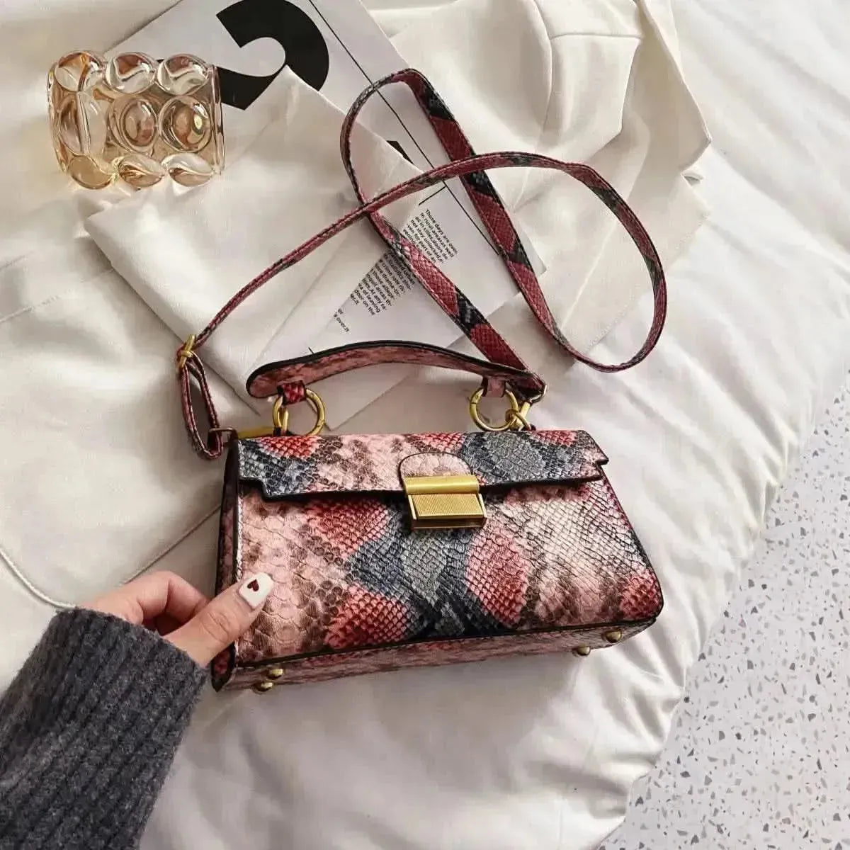 PU Leather Snakeskin Print Crossbody Bag - Bad Moms Club
