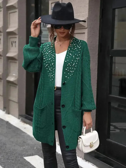 Pearl Detail Cable-Knit Button Up Cardigan - Bad Moms Club