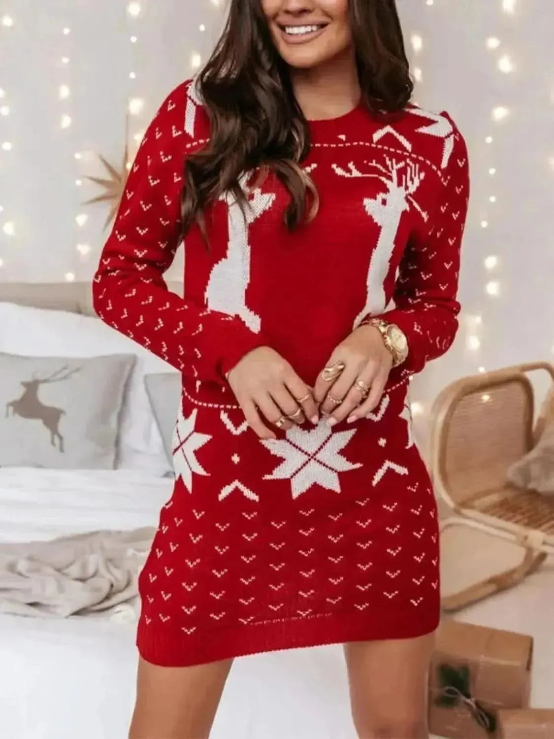 Reindeer Print Tunic Sweater Dress - Bad Moms Club