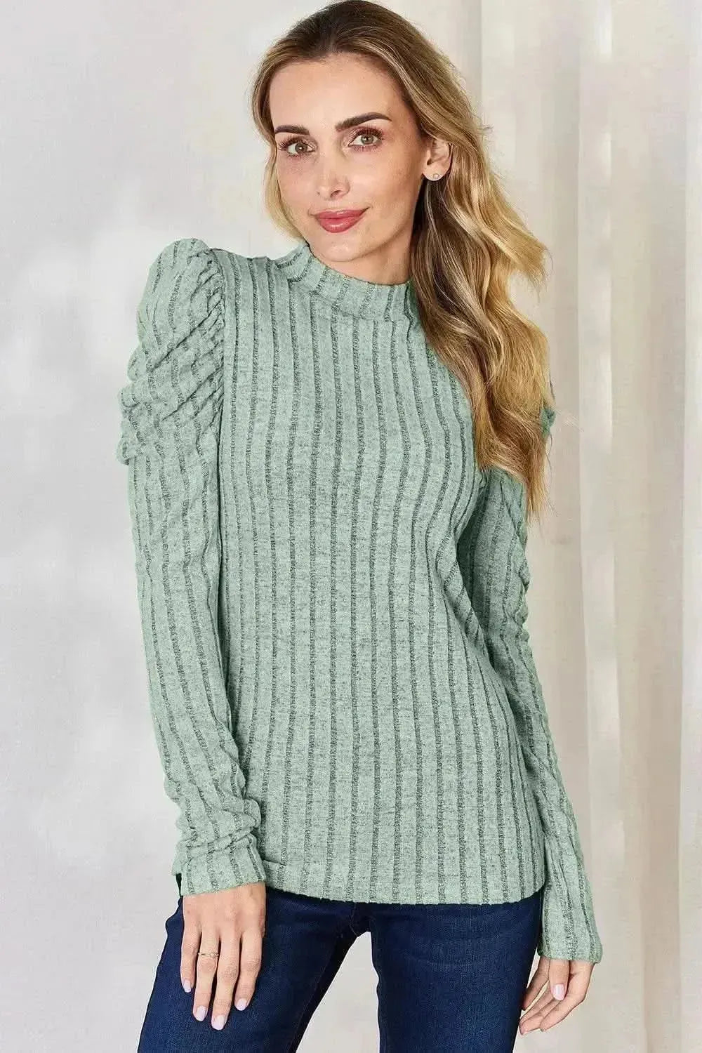 Basic Bae Full Size Ribbed Mock Neck Puff Sleeve T-Shirt - Bad Moms Club