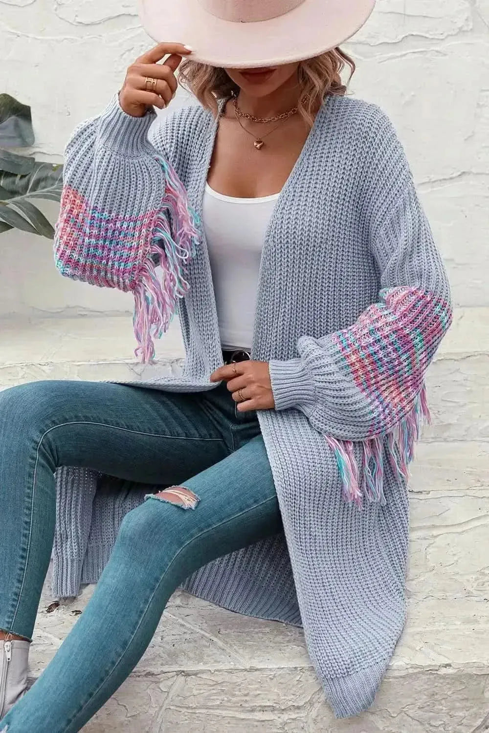 Fringe Sleeve Dropped Shoulder Cardigan - Bad Moms Club