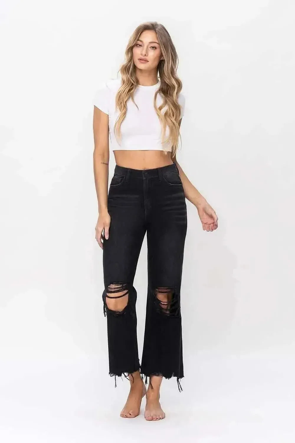 Vervet by Flying Monkey Vintage Ultra High Waist Distressed Crop Flare Jeans - Bad Moms Club