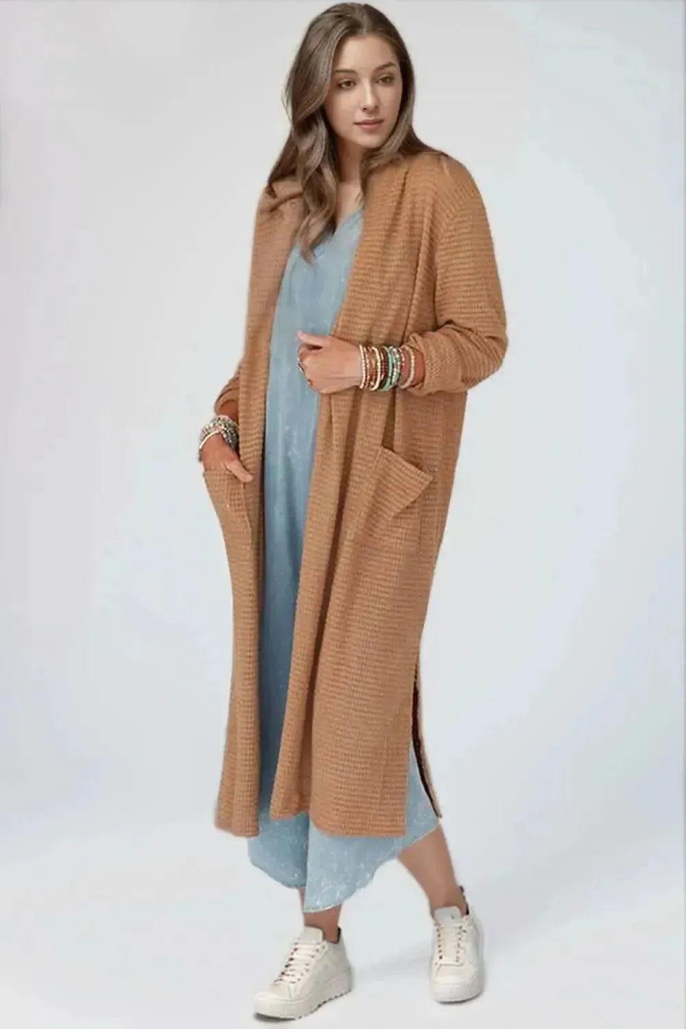 Open Front Long Sleeve Longline Slit Cardigan - Bad Moms Club