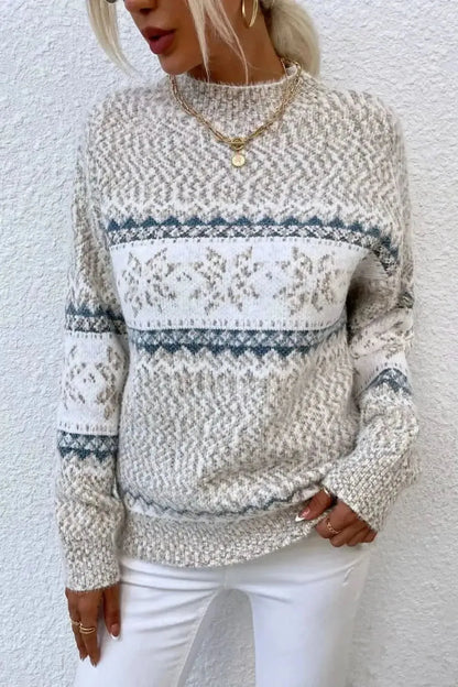 Snowflake Pattern Mock Neck Sweater - Bad Moms Club