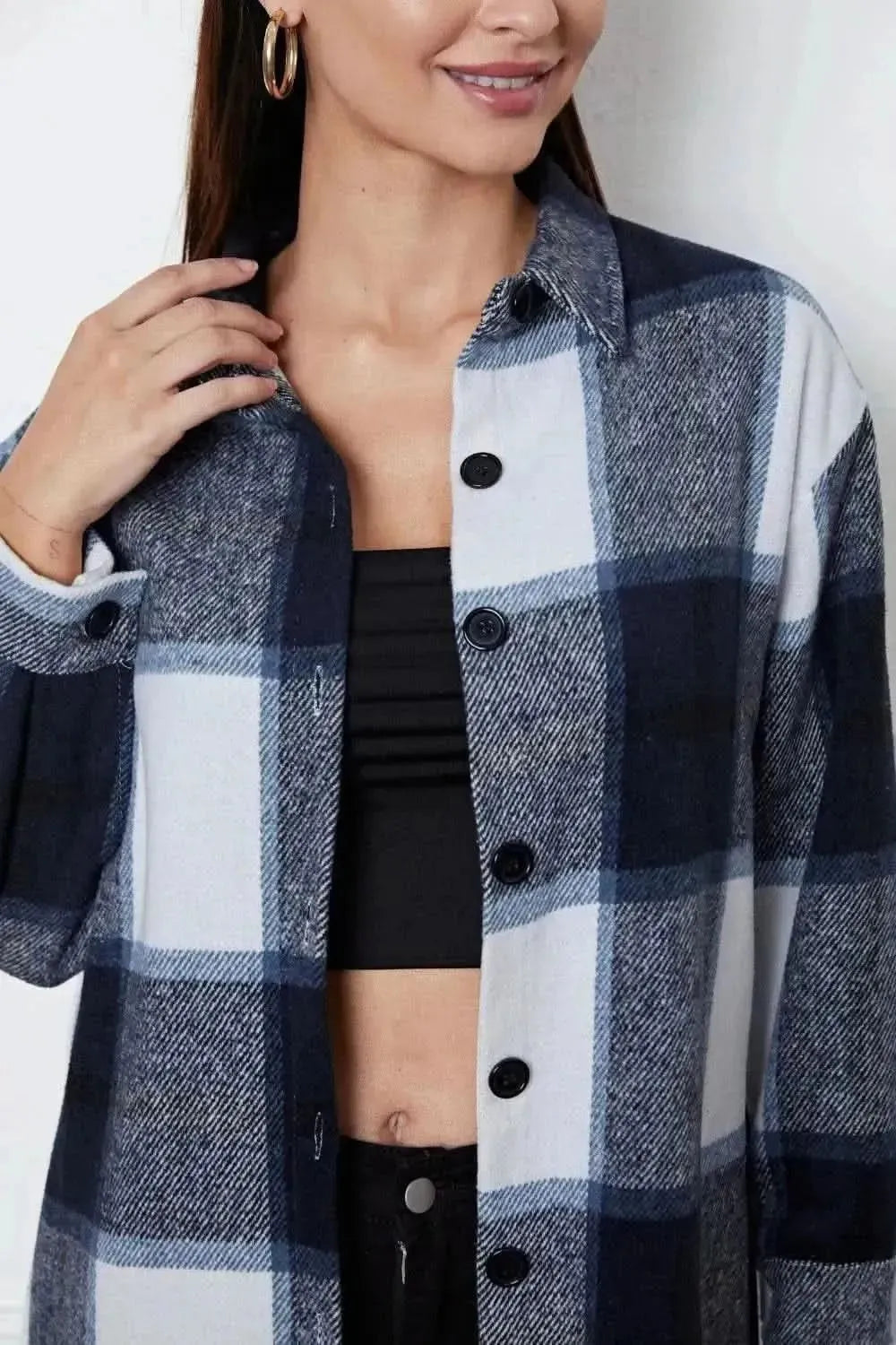 Plaid Button Up Collared Neck Outerwear - Bad Moms Club