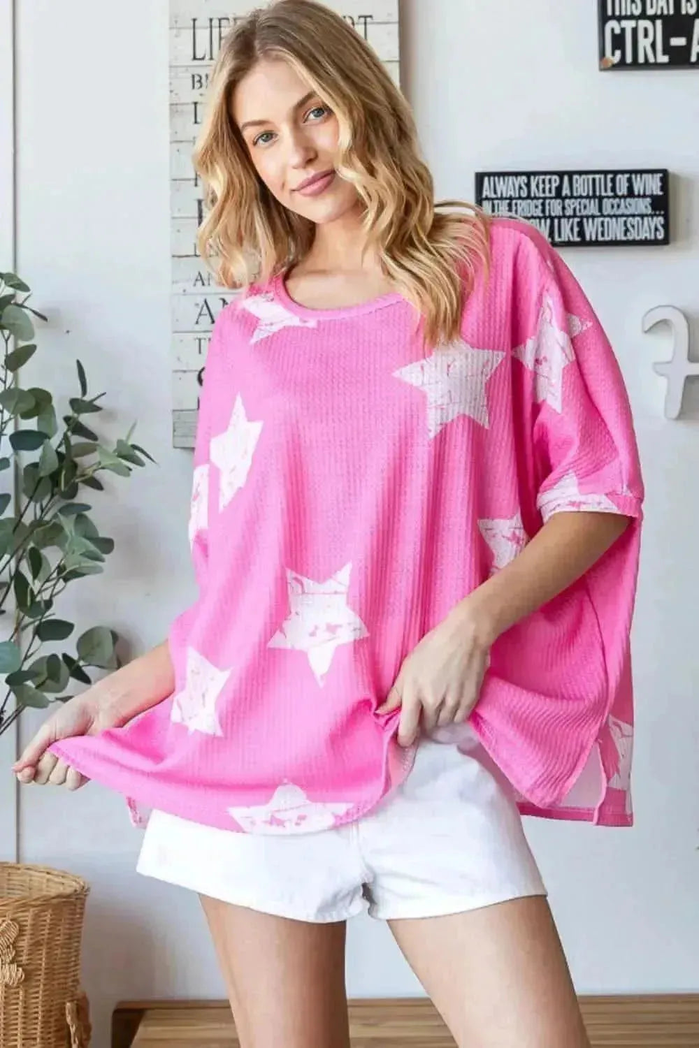 HOPELY Star Pattern Oversized Waffle T-Shirt - Bad Moms Club