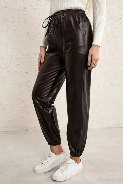 Ivy Lane Elastic Waist PU Leather Joggers - Bad Moms Club