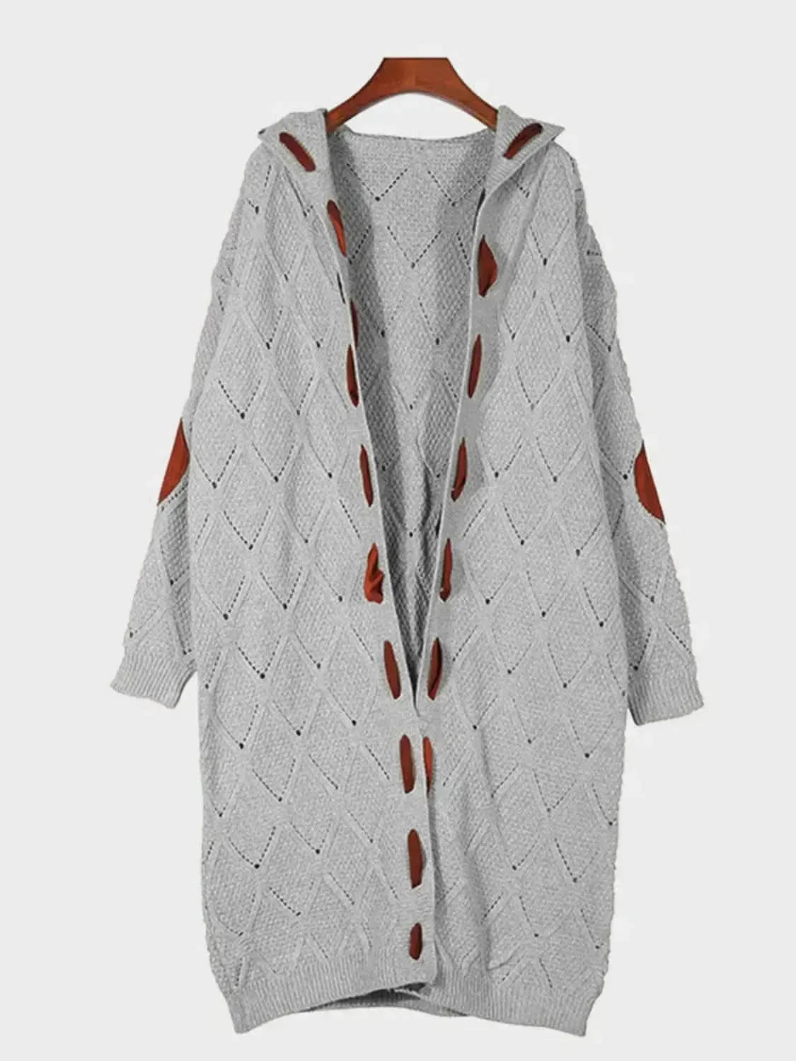 Openwork Long Sleeve Open Front Hooded Cardigan - Bad Moms Club
