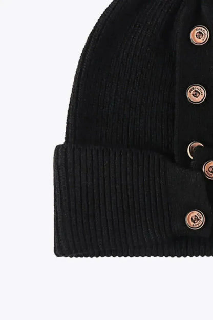 Button Detail Rib-Knit Cuff Beanie - Bad Moms Club