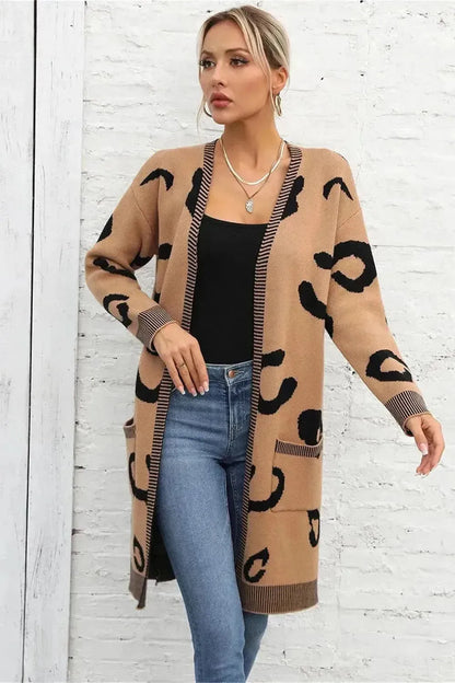 Printed Long Sleeve Cardigan with Pockets - Bad Moms Club