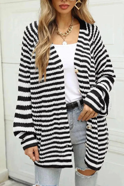 Striped Button Up Long Sleeve Cardigan - Bad Moms Club