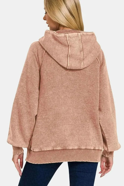 Zenana Acid Wash Fleece Kangaroo Hoodie - Bad Moms Club