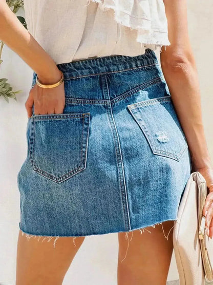 Button-Fly Distressed Raw Hem Denim Skirt - Bad Moms Club