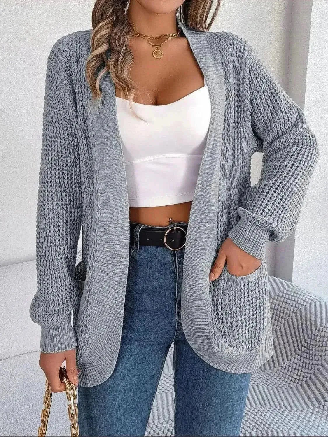 Open Front Long Sleeve Cardigan with Pockets - Bad Moms Club
