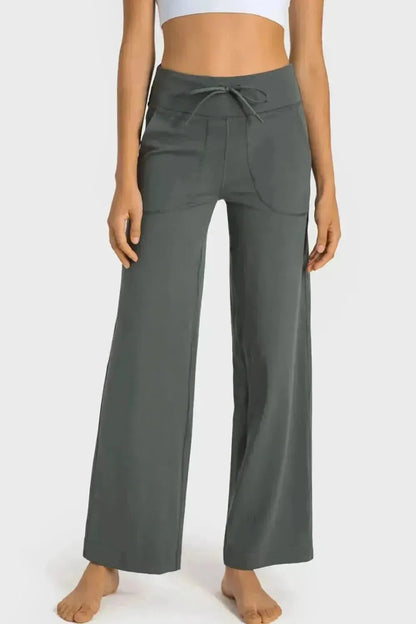Drawstring Waist Wide Leg Sports Pants with Pockets - Bad Moms Club