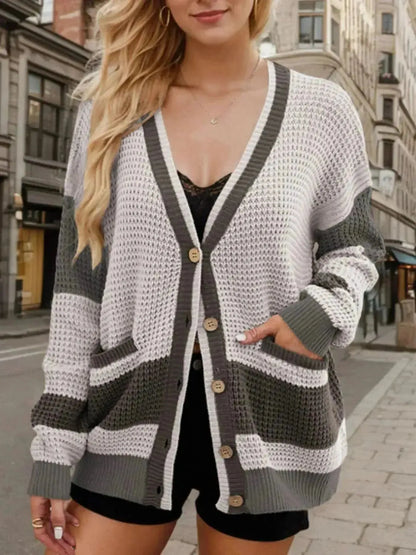 Contrast Button Up Long Sleeve Cardigan - Bad Moms Club