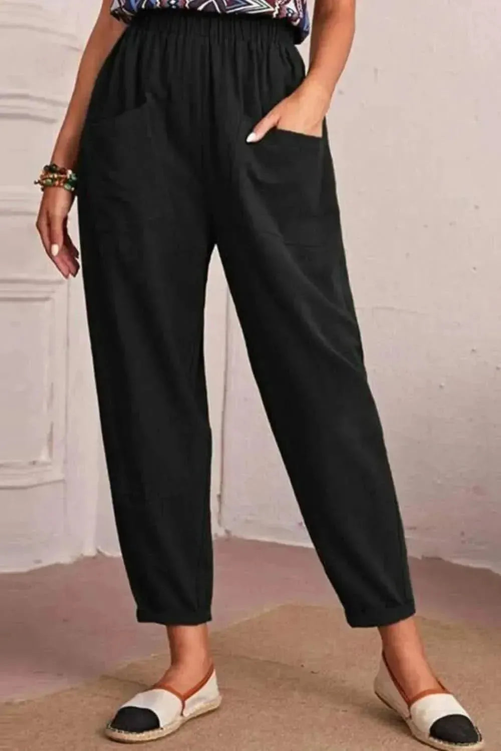 Elastic Waist Pocket Tapered Pants - Bad Moms Club