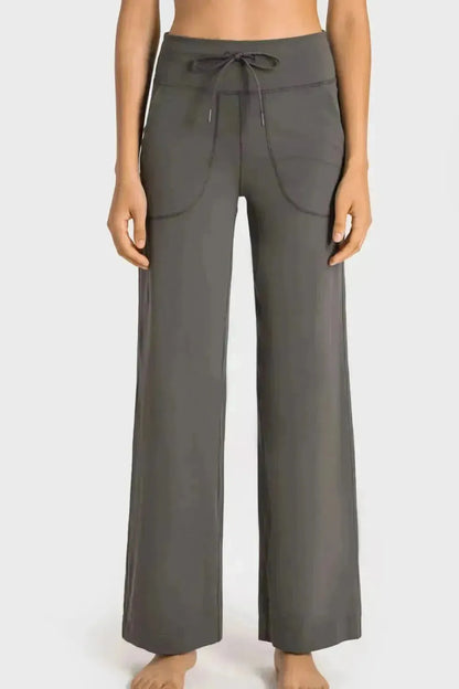 Drawstring Waist Wide Leg Sports Pants with Pockets - Bad Moms Club