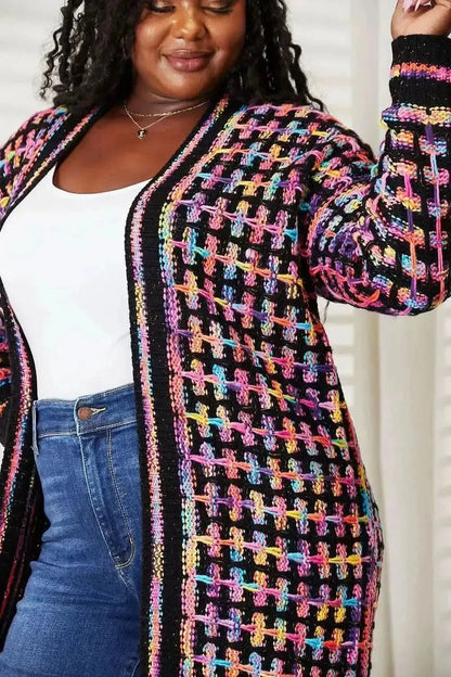 Full Size Multicolored Open Front Fringe Hem Cardigan - Bad Moms Club