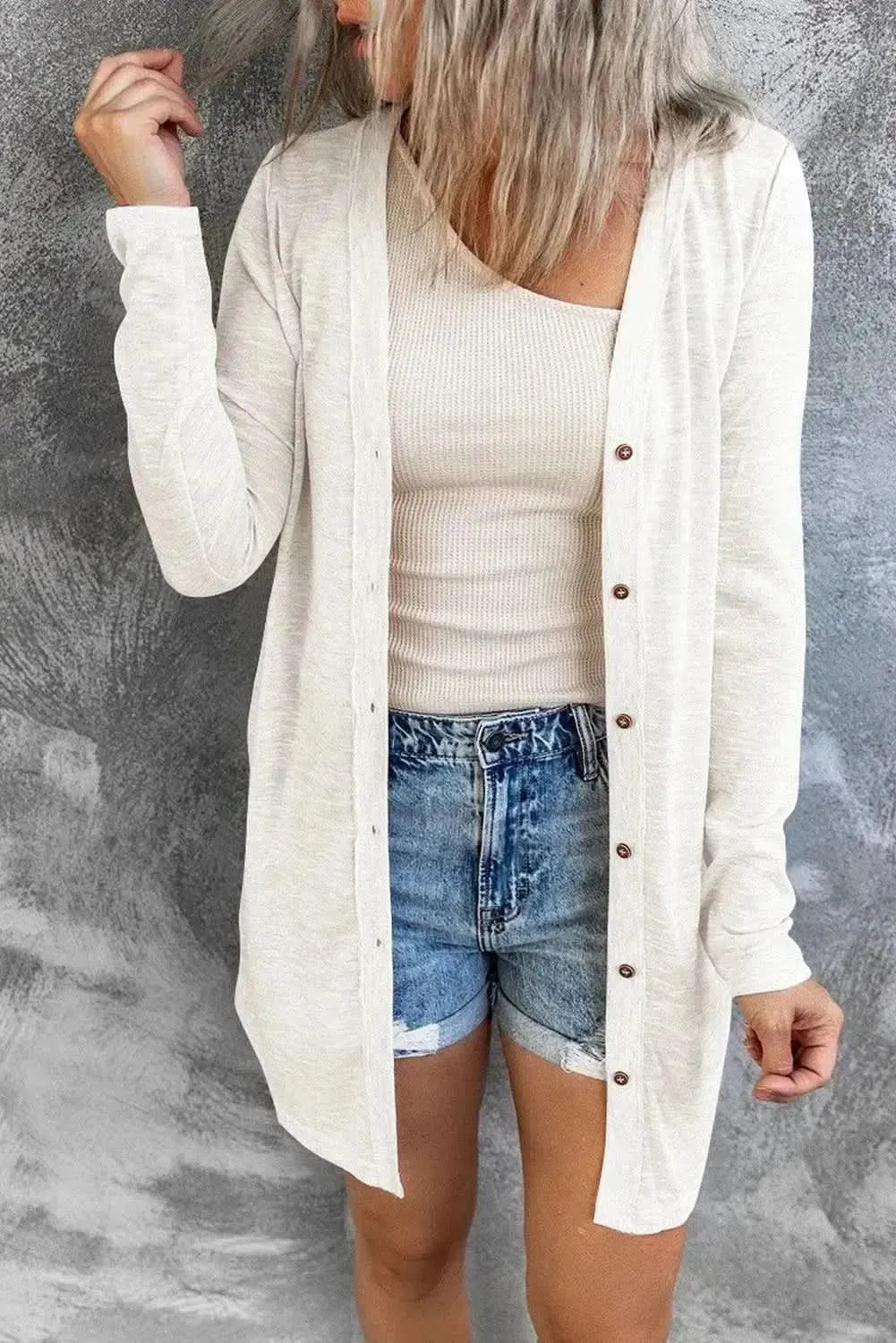 Double Take Button Down Long Sleeve Longline Cardigan - Bad Moms Club