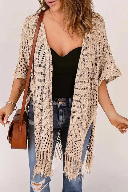 Openwork Open Front Cardigan with Fringes - Bad Moms Club