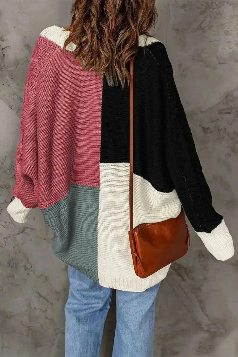 Woven Right Color Block Cable-Knit Batwing Sleeve Cardigan - Bad Moms Club