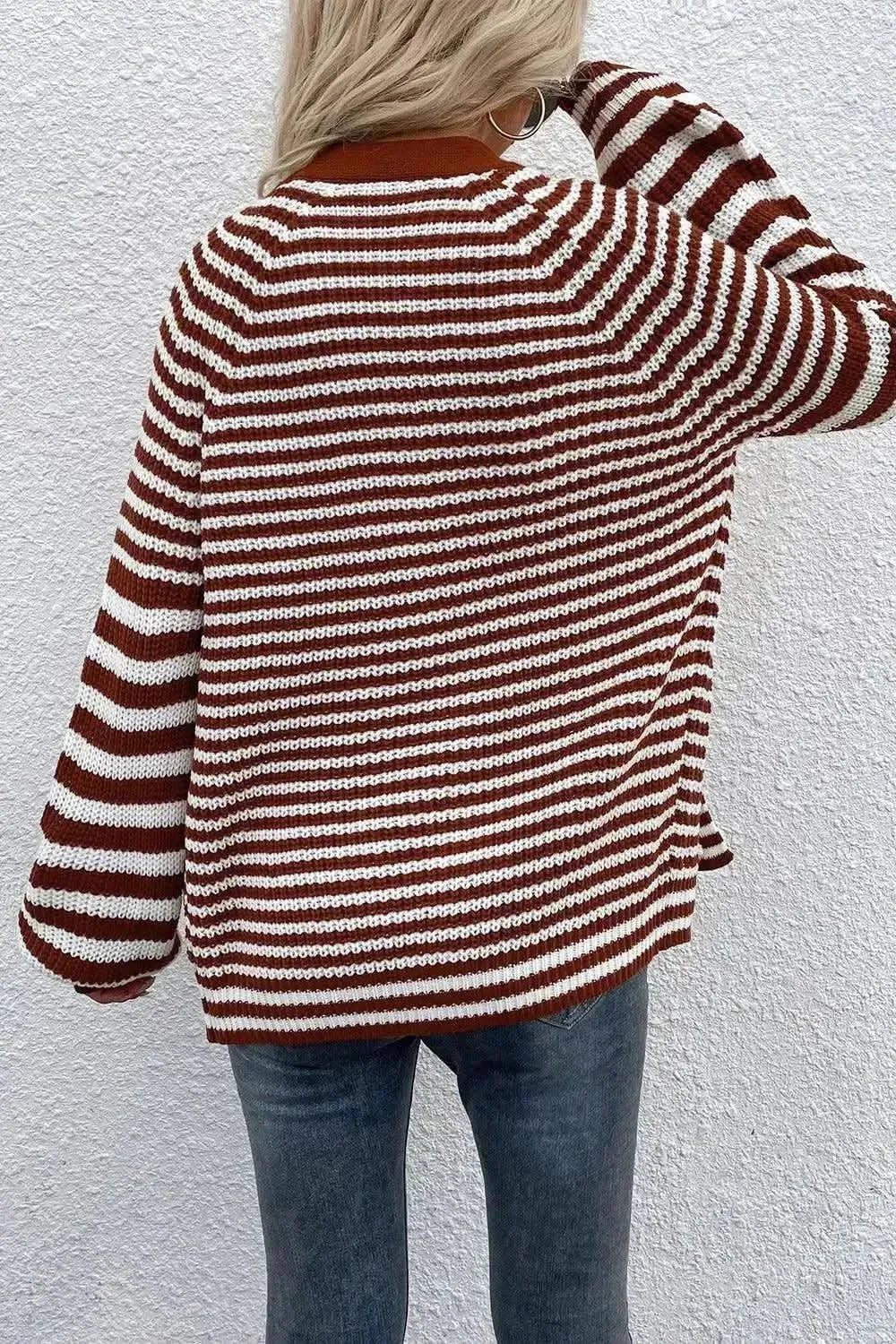 Striped V-Neck Button-Down Cardigan - Bad Moms Club