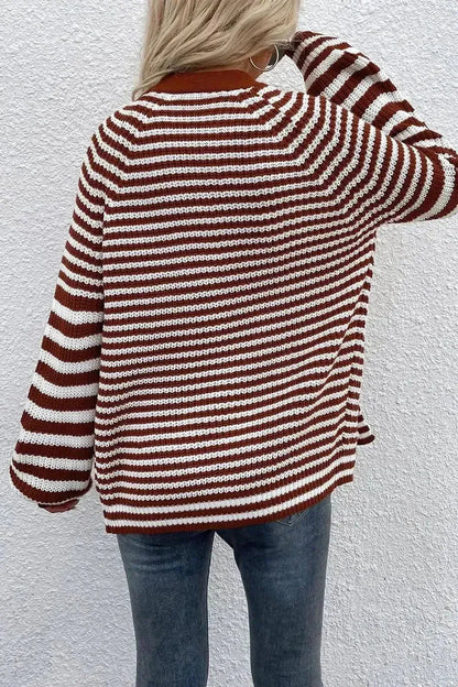 Striped V-Neck Button-Down Cardigan - Bad Moms Club