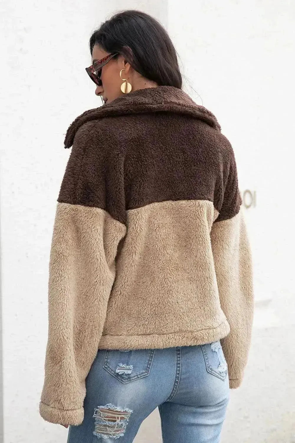 Two-Tone Collared Neck Fuzzy Jacket - Bad Moms Club