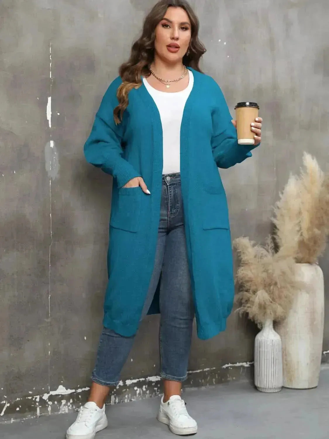 Plus Size Long Sleeve Pocketed Cardigan - Bad Moms Club