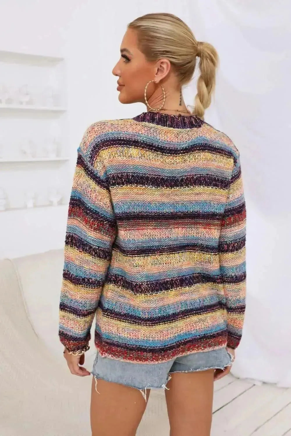 Striped Long Sleeve Open Front Cardigan - Bad Moms Club