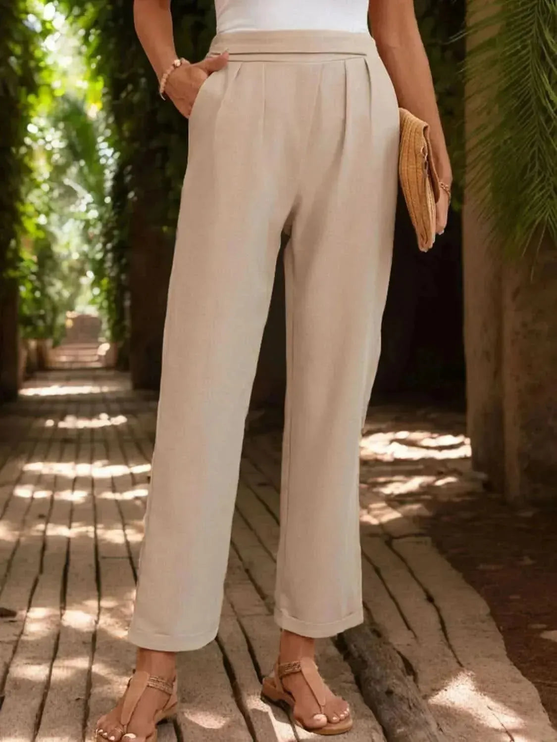 Perfee Ruched Half Elastic Waist Pants - Bad Moms Club