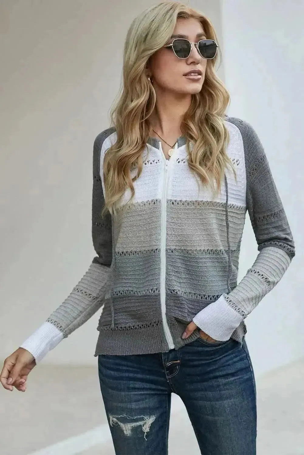 Zip-Up Raglan Sleeve Openwork Hooded Cardigan - Bad Moms Club