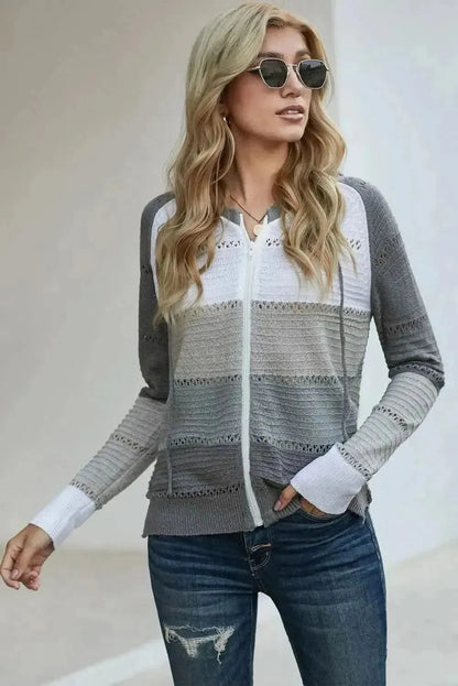 Zip-Up Raglan Sleeve Openwork Hooded Cardigan - Bad Moms Club