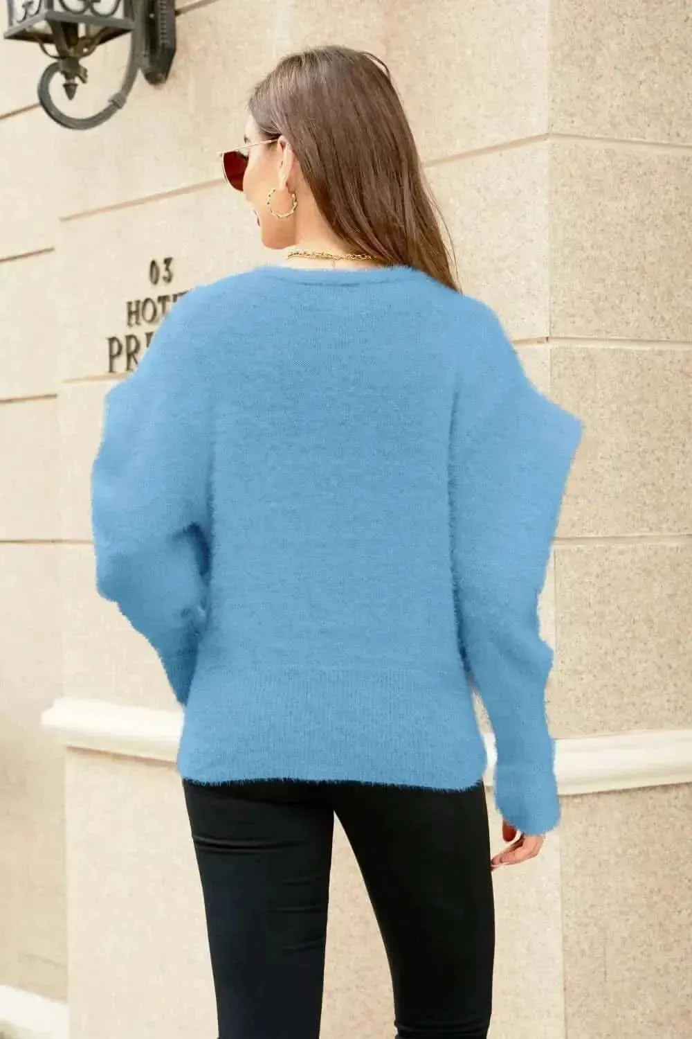 Woven Right Puff Sleeve V-Neck Fuzzy Cardigan - Bad Moms Club