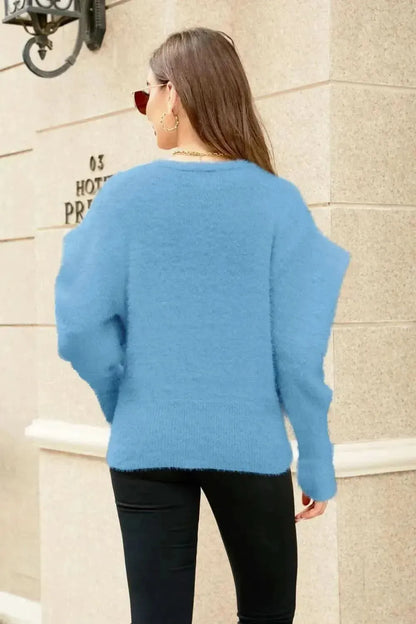 Woven Right Puff Sleeve V-Neck Fuzzy Cardigan - Bad Moms Club