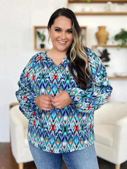 Double Take Full Size Printed Balloon Sleeve Blouse - Bad Moms Club